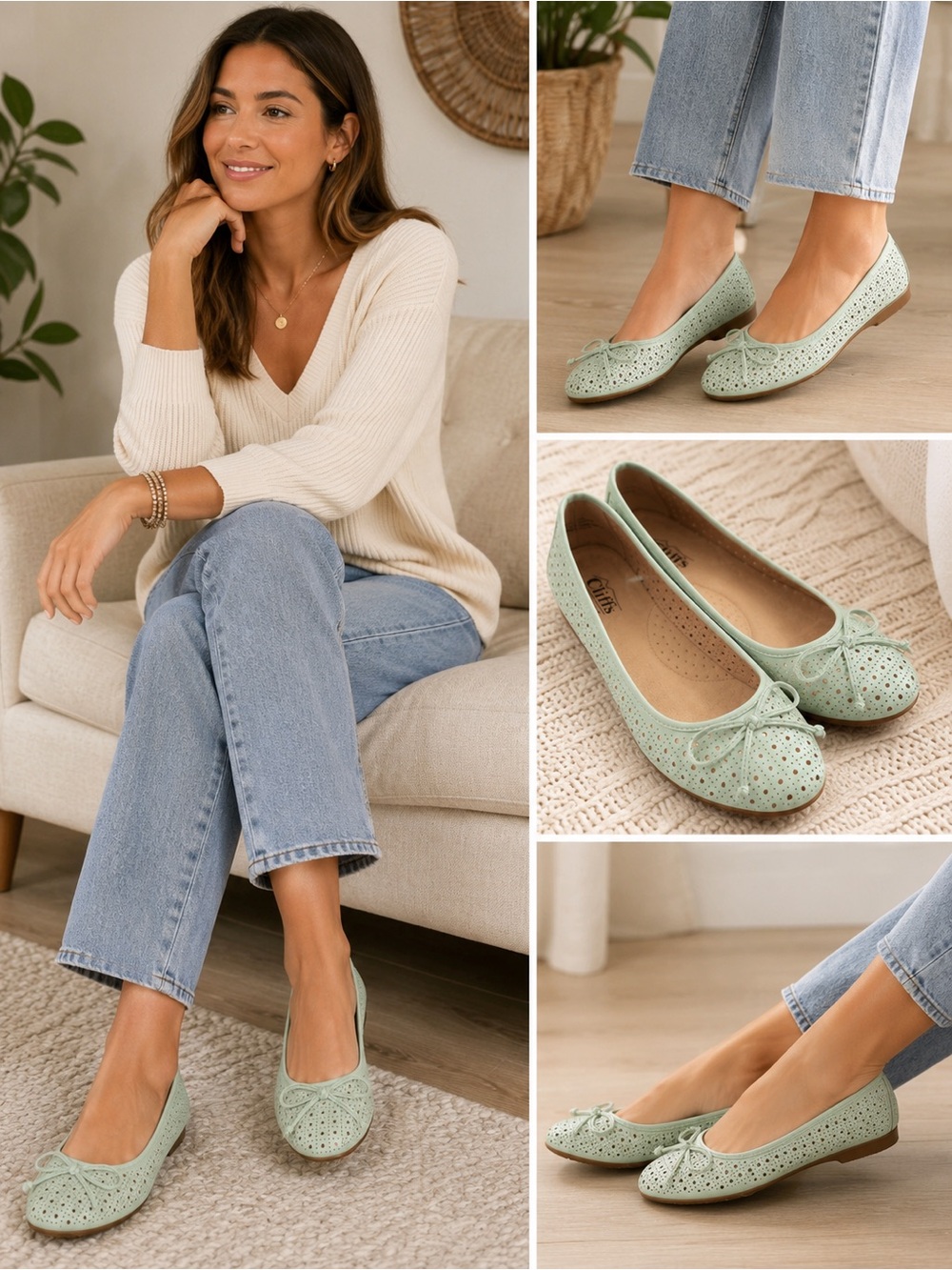 Cliffs by WHITE MOUNTAIN Mint Green Perforated Ballet Flats with Bow
